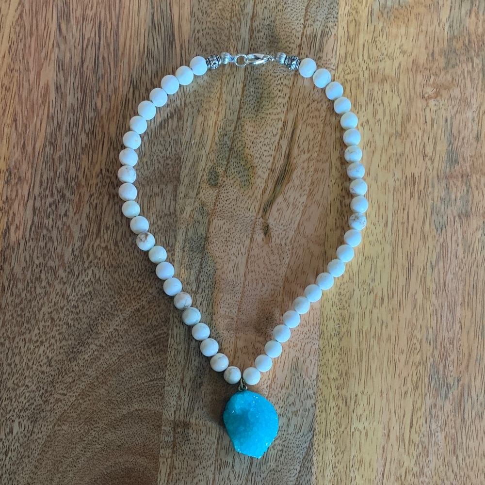 Handmade aqua druzy quartz stone and howlite bead statement charm necklace